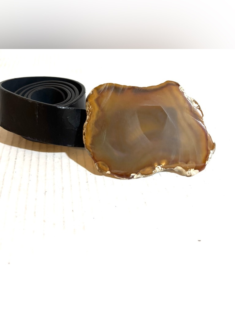 Agate Stone Statement Belt Buckle with Black Leather Strap